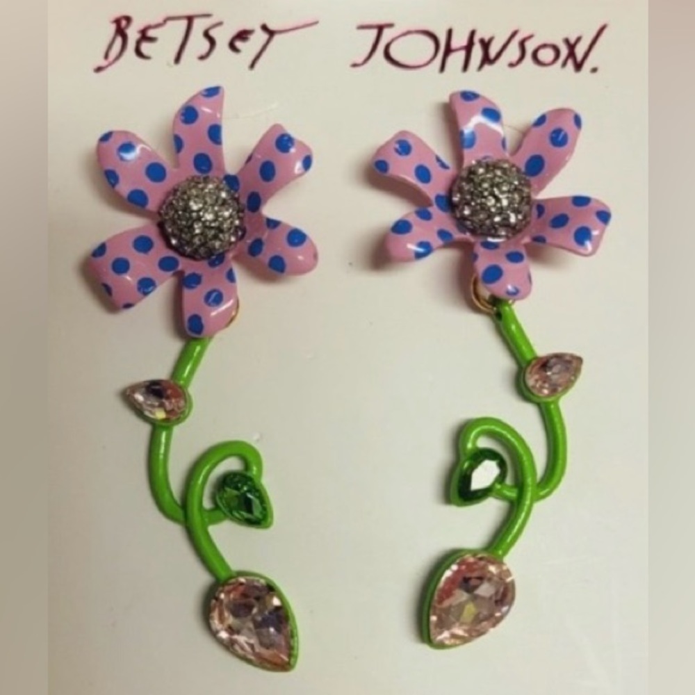 BETSEY JOHNSON Whimsical Flower Daisy & Crystals Drop Earrings Polka Dot NEW NWT